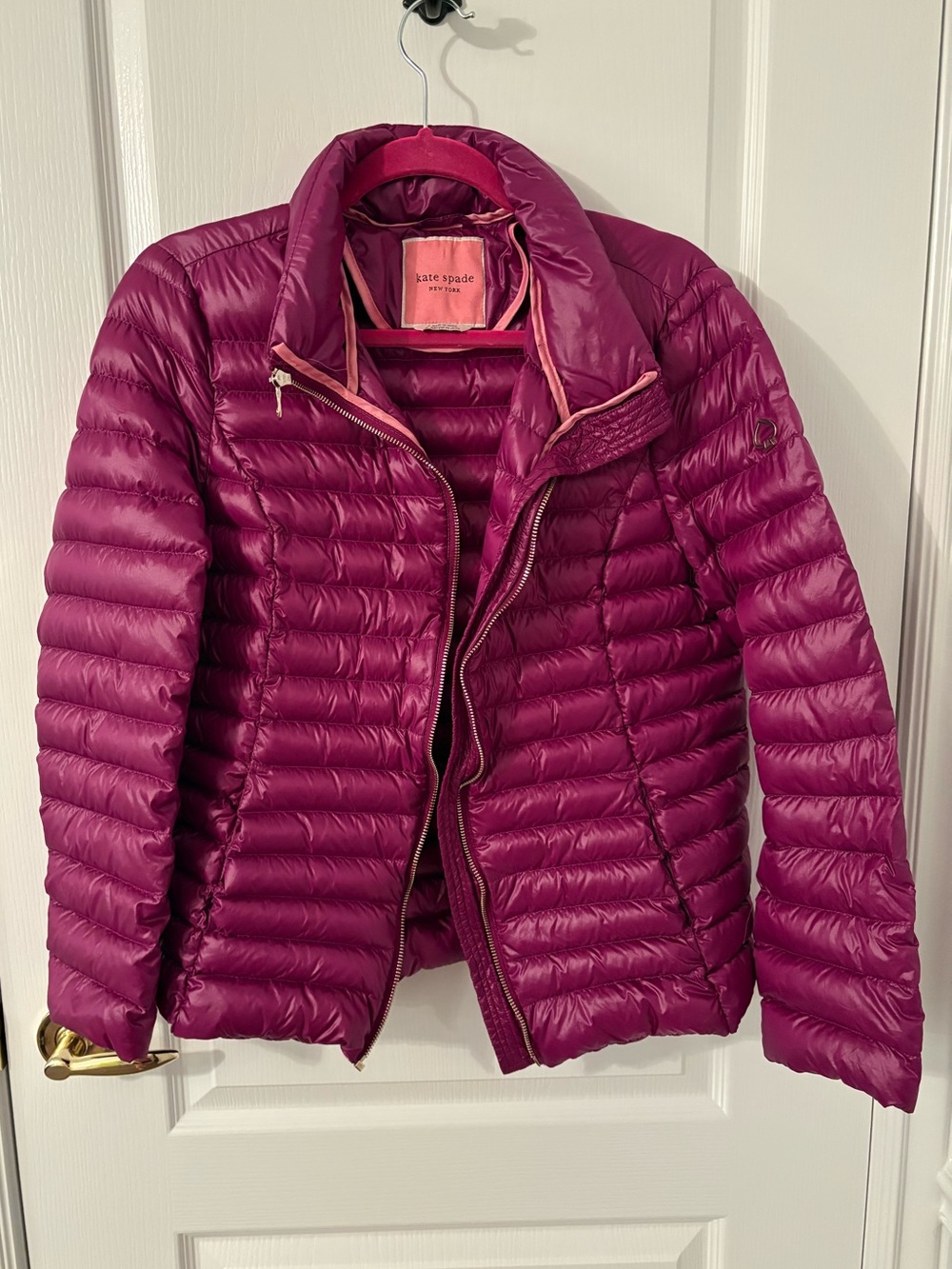 Kate Spade purple/pink packable down puffy jacket with foldaway hood size L
